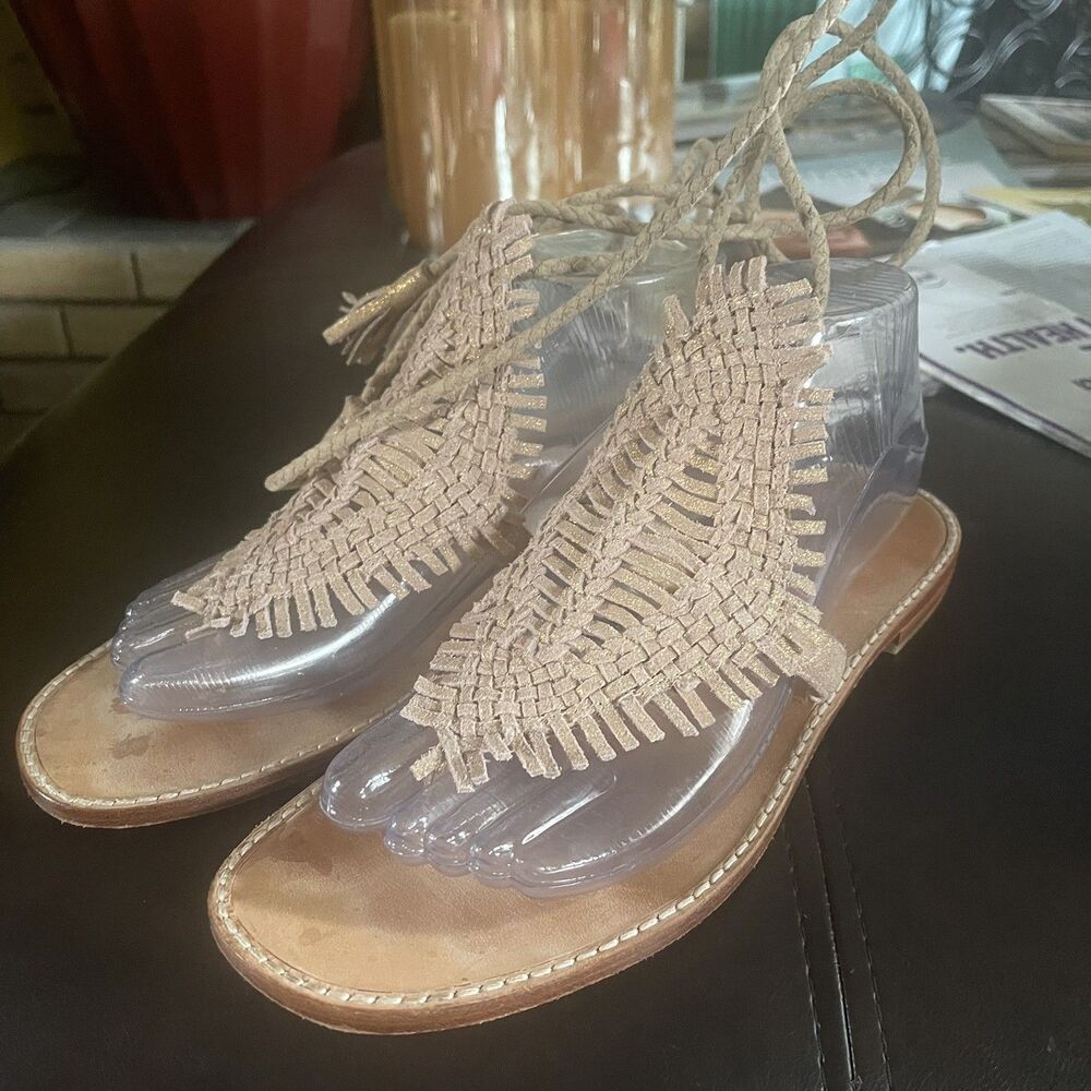 Joie Kacia 38.5/8M Shimmery Tan Woven Nubuck Leather Flat Sandals Ankle Wrap